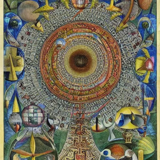 Image similar to complex mathematical equations inspired by bosch, botticelli, vasarely, klee. mathematical paradise, detailed beautiful animals, esoteric equation heaven, detailed beautiful plants, 3 d platonic solids, elegant intricate diagrams, beautiful equations, oil paint, pen and ink, color, hyperrealistic, on loan from louvre, masterpiece