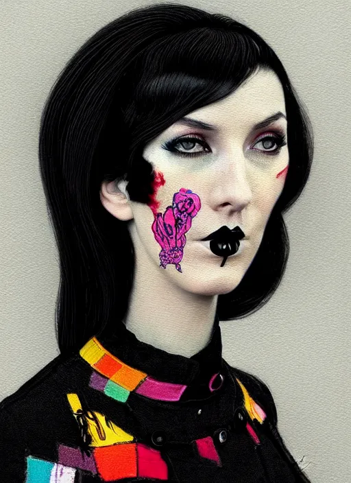 Image similar to portrait of a woman with a crooked nose and a confident expression, 1 9 6 0 s, black clothes, goth, punk, brightly coloured hair, funk, intricate, elegant, highly detailed, digital painting, artstation, concept art, smooth, sharp focus, illustration, art by wlop, mars ravelo and greg rutkowski