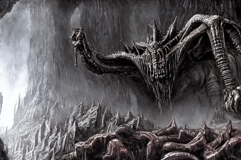 Image similar to a balrog lurking in moria, style of h. r. giger, many columns, mines of moria from the lord of the rings in the style of h. r. giger, directed by ridley scott, dark, cinematic, highly detailed, very realistic, photorealistic, filmed, cinemascope