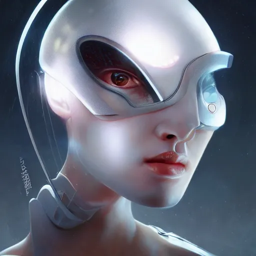 Image similar to masterpiece!!!! portrait of a futuristic android, science fiction, smooth technology, smooth body, fairy wings, intricate, headshot, highly detailed, digital painting, trending on artstation, concept art, sharp focus, cinematic lighting, illustration, art by masamune shirow and greg rutkowski, cgsociety