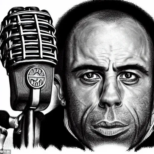 Image similar to Joe Rogan looking like a monkey talking into a microphone, single subject, portrait, intricate, highly detailed, concept art, smooth, sharp focus, pencil art