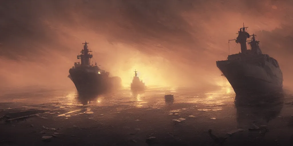 Prompt: abandoned warship in arctic, orange glow, puddles of water, by greg rutkowski and asher brown durand, atmospheric, wide shot, high definition, high detail, foreboding, artstation, foggy