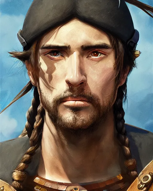 Image similar to portrait of a spanish conquistador in battle, by daniel zrom and mingchen shen, studio ghibli color scheme, detailed, handsome, anatomy, sharp focus, photography, magic : the gathering, octane, cinematic lighting, facial features, clear face, realistic face, golden ratio