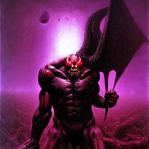 Image similar to demon with purple chestplate and black armor, muscles, balrog, beksinski