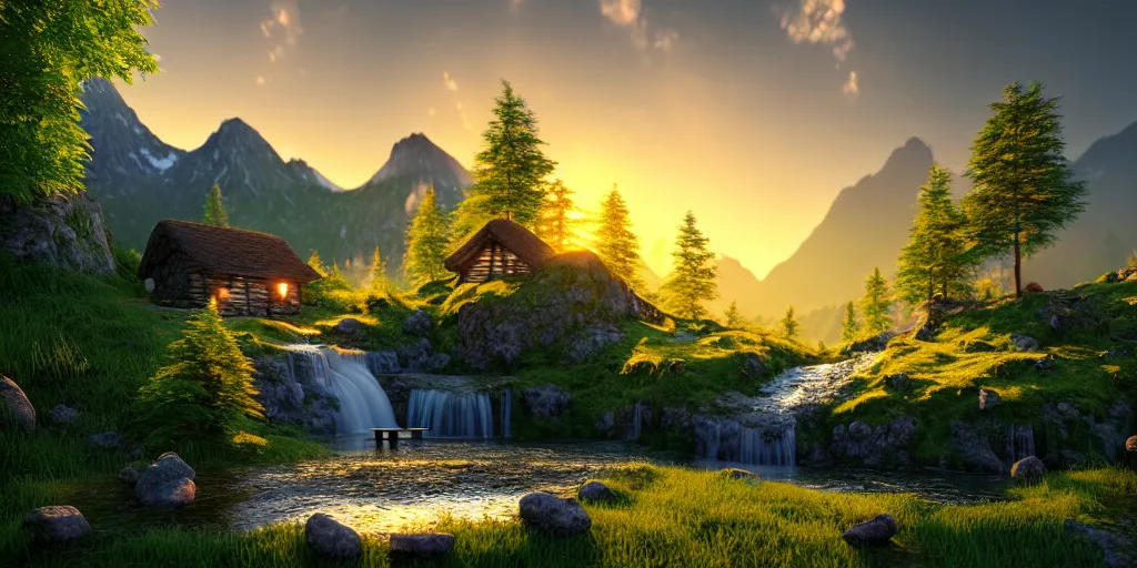 Image similar to a beautiful fantasy landscape, mountain in background, a waterfall in the mountains, little cottage, small pond, some trees in the corner, sunrise, hyper realism, octane render, art by philipp urlich