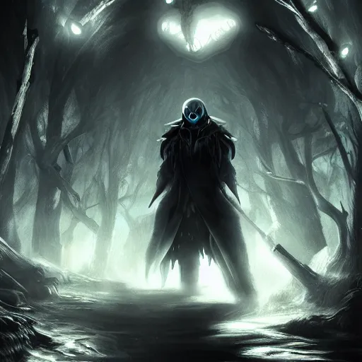 Image similar to photorealistic dark fantasy concept art of nightmare sans with his eye glowing, dynamic lighting, stunning visuals, ray tracing, beautiful scenery, cinematic, full body portrait, ultra detailed, hyper detail, stunning detail