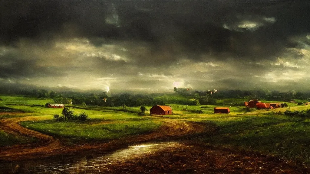 Image similar to the most beautiful landscape, oil painting, a farm, raining, at night, cinematic lighting, highly detailed, very realistic