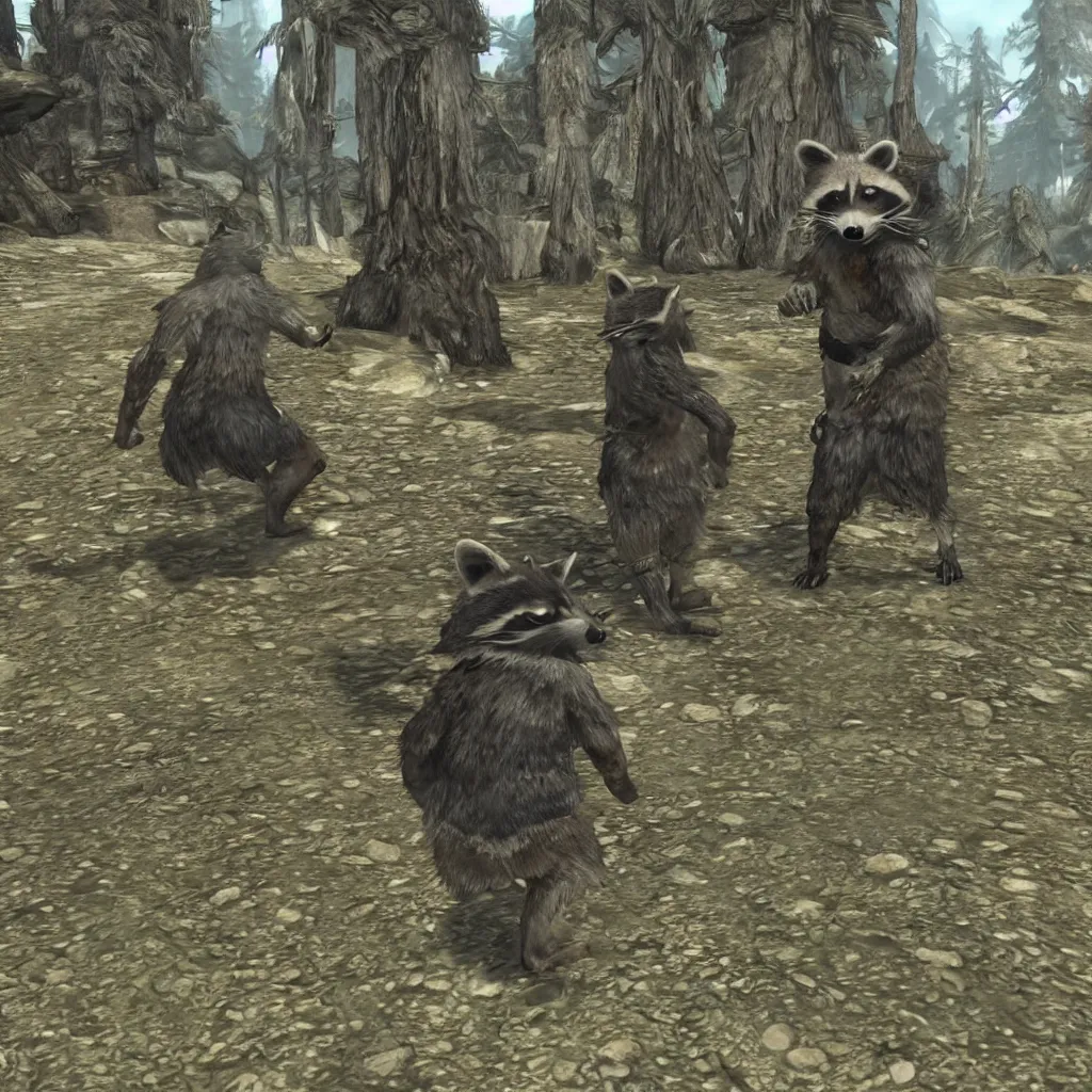 Prompt: a raccoon character exploring skyrim