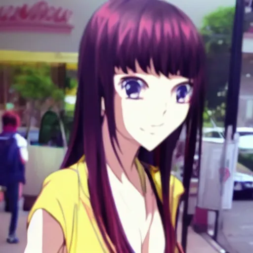 Prompt: grainy cheap nokia mobile phone footage of an anime girl spotted in real life, off center, at an angle, found footage, small filesize, jpeg artifacting and ringing, low res, blurry, uncanny valley, smiling