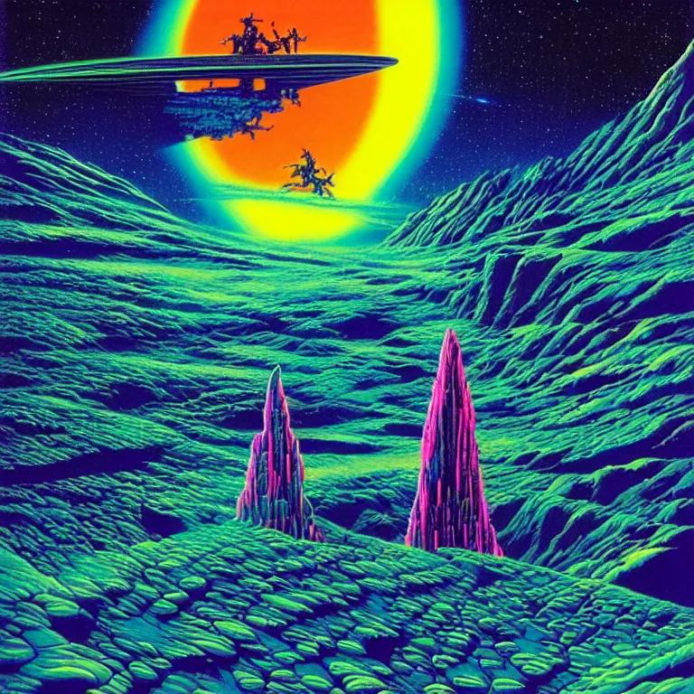 Image similar to edge of interstellar space, synthwave, bright neon colors, highly detailed, cinematic, tim white, philippe druillet, roger dean, ernst haeckel, lisa frank, vladimir kush, kubrick, kimura, isono