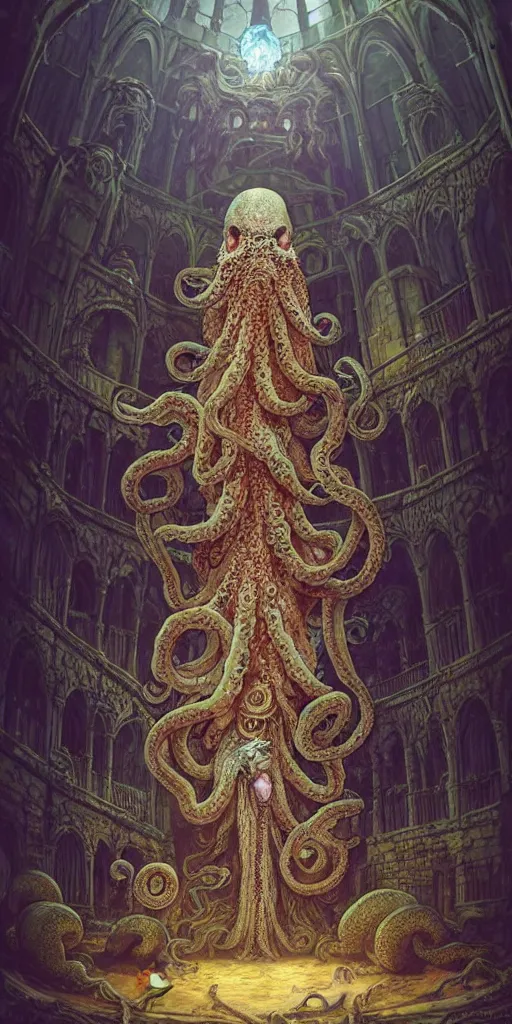 Image similar to high ranked mage with big octopus head and a lot of translucent jellyfishes floating around inside an ancient mage castle hall colossal scale, gothic and baroque, brutalist architecture, ultradetailed, Intricate by Ellen Jewett and Josan Gonzalez and Giuseppe Arcimboldo