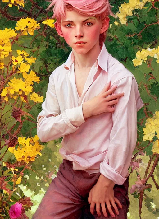 Image similar to androgynous cute pink haired teen boy wearing greek clothes, muted colors, colorful flowers, sunlight filtering through skin, j. c leyendecker, by alan lee, wlop! illustrated by starember, fantasy art by craig mullins cfg _ scale 9