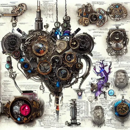 Image similar to a full page concept designs of a robotic heart device powered by magic gems, steampunk blueprint, intricate details, ink on paper, scientific, Highly detailed labeled, poster, peter mohrbacher,