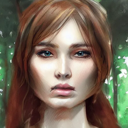 Prompt: a portrait of a pretty woman in the forest, trending on artstation and deviantart