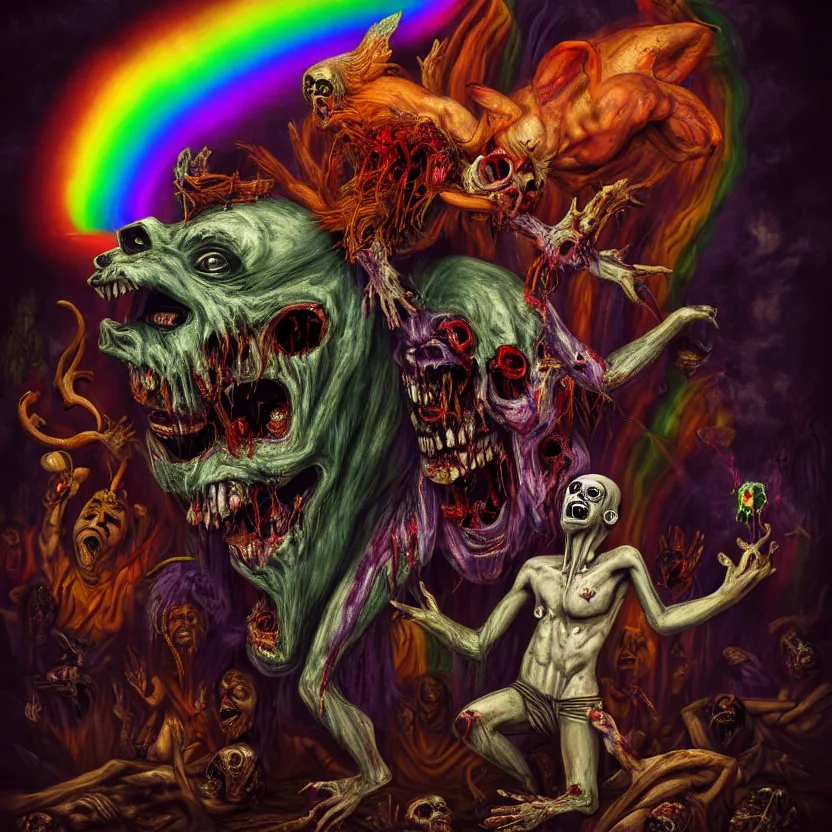 Image similar to a portrait of a beautiful, colorful, flesh - eating, whimsical demon with rainbow fur, eating a screaming priest, standing on a pile of corpses, by alexandro judorowski and basia tran, fear, morbid, nightmare, supernatural, 8 k, digital art, highly detailed, chiaroscuro, creepy, terrifying