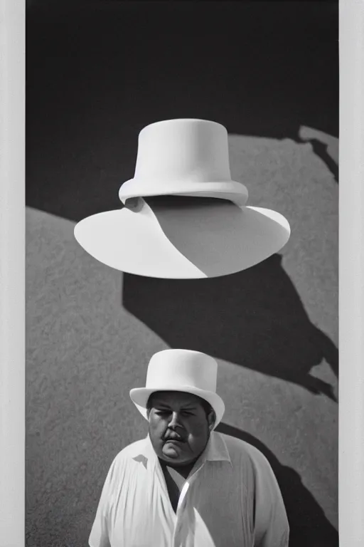 Image similar to close-up photography, portrait of fat man in white hat, soft light, 35mm, film photo, Joel Meyerowitz