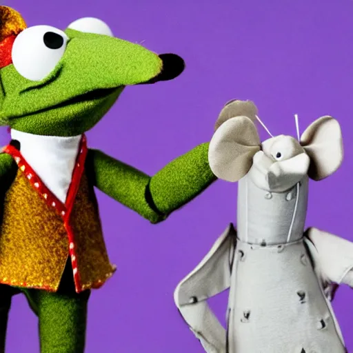 Image similar to a mouse wearing a shining suit of armor wielding a sewing needle, puppet, stop motion, in the style of the muppets