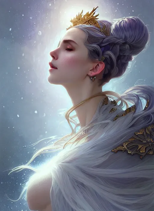 Image similar to a beautiful cinematic female winter goddess, cristal dress, ice wing, galatic shamen with quantum energy fantasy, fantasy magic, undercut hairstyle, dark light night, intricate, elegant, sharp focus, illustration, highly detailed, digital painting, concept art, matte, art by wlop and artgerm and greg rutkowski and alphonse mucha, masterpiece