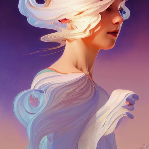 Image similar to Harmony is a hue created with swirls of white gouache, hopeful cerulean, and a daub of joy orange, intricate, highly detailed, digital painting, artstation, concept art, smooth, sharp focus, illustration, Unreal Engine 5, 8K, art by artgerm and greg rutkowski and alphonse mucha