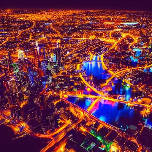 Prompt: an aerial view of a city at night, photo by lisa frank, instagram contest winner, maximalism, glowing lights, vivid colors, circuitry