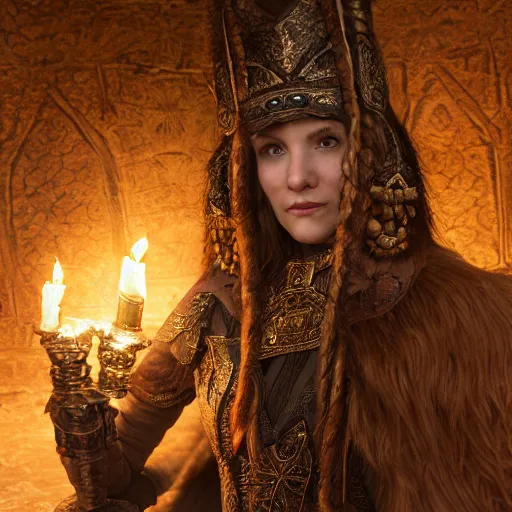 Image similar to the elder scrolls vi, charismatic regal brunette female jarl, portrait, rustic throne room, atmospheric lighting, painted, intricate, volumetric lighting, beautiful, daytime,, slight overcast weather, 4 0 0 0 k, sharp focus, deep colours, ultra detailed, by leesha hannigan, ross tran, thierry doizon, kai carpenter, ignacio fernandez rios