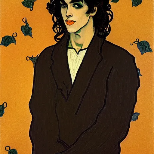 Image similar to painting of young cute handsome beautiful dark medium wavy hair man in his 2 0 s named shadow taehyung at the halloween pumpkin jack o'lantern party, depressed, melancholy, autumn, japan, elegant, clear, painting, stylized, delicate, soft facial features, delicate facial features, soft art, art by alphonse mucha, vincent van gogh, egon schiele