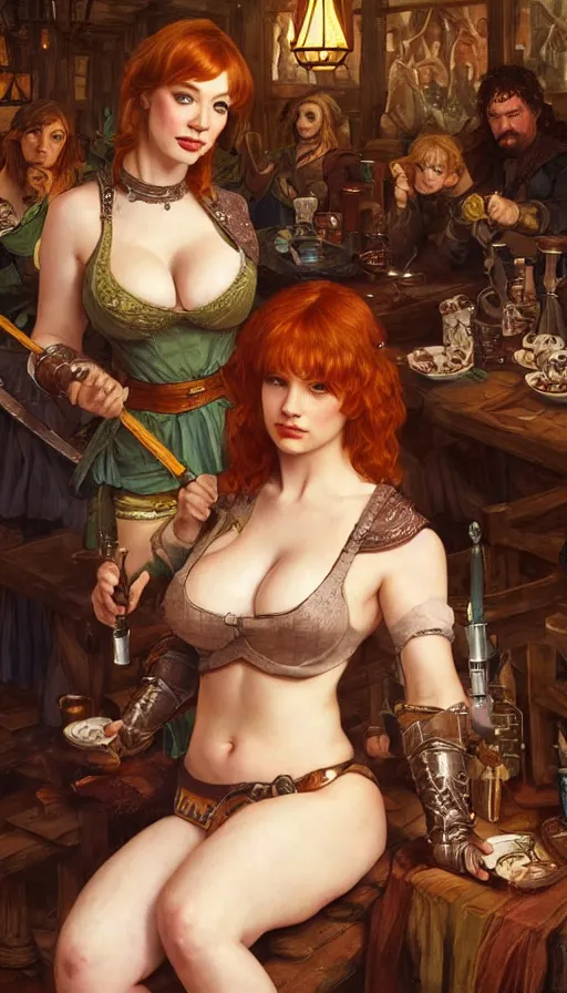 Prompt: young christina hendricks in a tavern, warhammer, lord of the rings, sweaty, strong, sword, intricate, highly detailed, digital painting, artstation, concept art, smooth, sharp focus, illustration, unreal engine 5, 8 k, art by artgerm and greg rutkowski and alphonse mucha