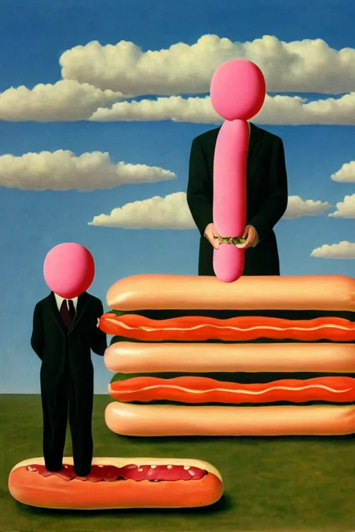 Prompt: Rene Magritte's Son Of Man painting with a floating pink hotdog blocking the face, the hotdog has a stem and leaves and is growing more unripe hotdogs on the hotdog vine