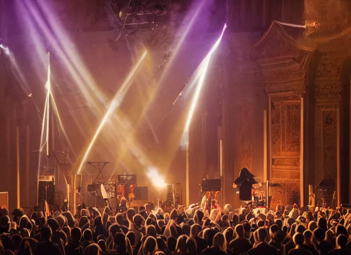 Image similar to a high resolution photograph of sunn o ) ) ) playing live at the vatican with monk robes, smoke machines, huge walls of amplifiers