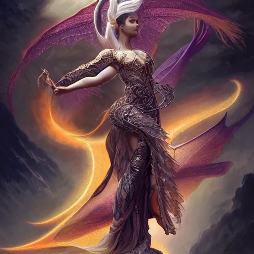 Prompt: a stunning dynamic pose full body of a celestial dragon goddess, intricate, 8k highly professionally detailed, hdr, CGSociety, dark fantasy, smooth, elegant, sharp focus, art by artgerm and greg rutkowski and alphonso mucha,