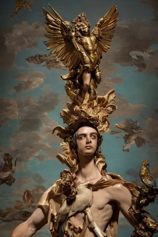 Image similar to a young handsome Spanish prince in a full-body bronze baroque and cyberpunk style statue of Icarus posed like a bird, crown of peach roses, flowing teal-colored silk, fabric, flowers. baroque elements, human skull. full-length view. baroque element. intricate artwork by caravaggio. many many birds birds on background. Trending on artstation, octane render, cinematic lighting from the right, hyper realism, octane render, 8k, depth of field, 3D