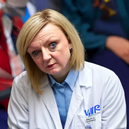 Prompt: an nhs surgeon looks scared of a liz truss demon