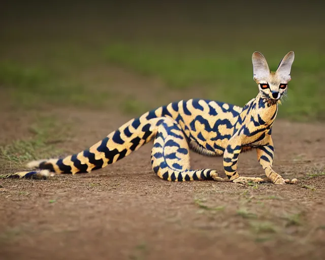 Prompt: an award winning photo of a serval - headed ball python, legless!!!!!!!!!, environmental portrait photography, national geographic, 4 k, sharp focus