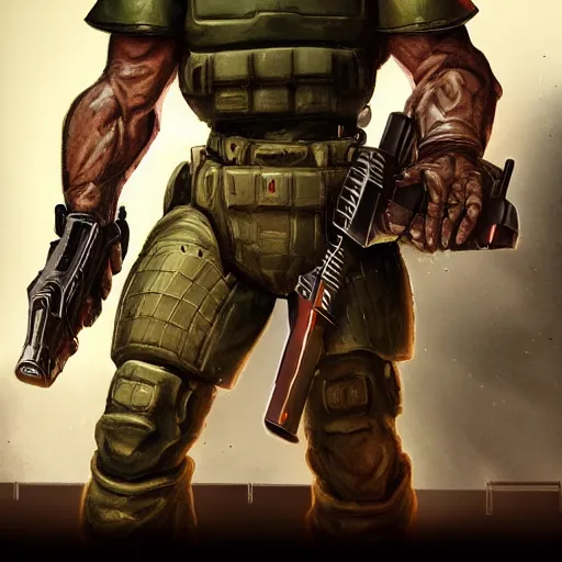 Image similar to doom slayer as ww 2 american soldier, photography, full height, front view, golden ratio