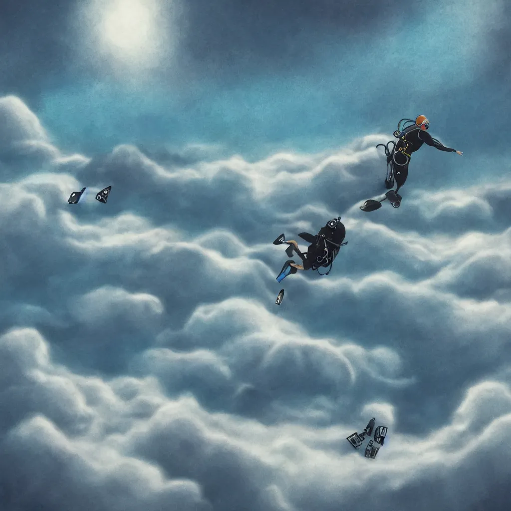 Prompt: a scubadiver floating above the clouds, digital illustration