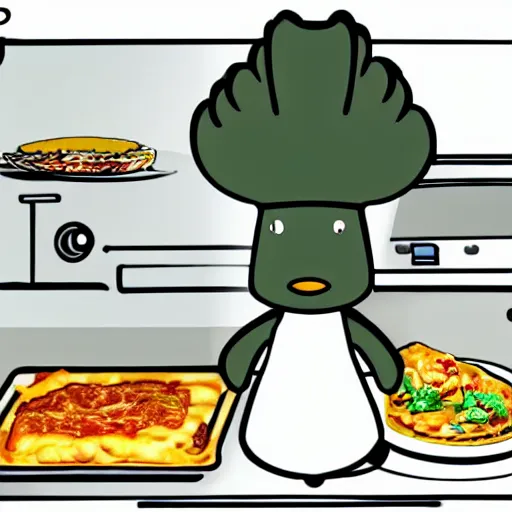 Image similar to cute platypus on a kitchen wearing a chef hat and holding a lasagna into an oven, anime style