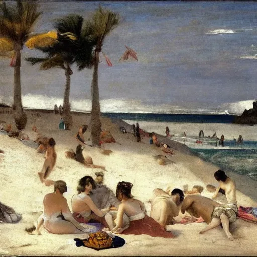 Prompt: A beautiful photograph of a group of people on a beach. The colors are muted and the overall tone is serene. The people are all engaged in different activities, from reading to playing games, and the artwork seems to be capturing a moment of peace and relaxation. by Paolo Veronese, by James Abbott McNeill Whistler, by Ed Emshwiller