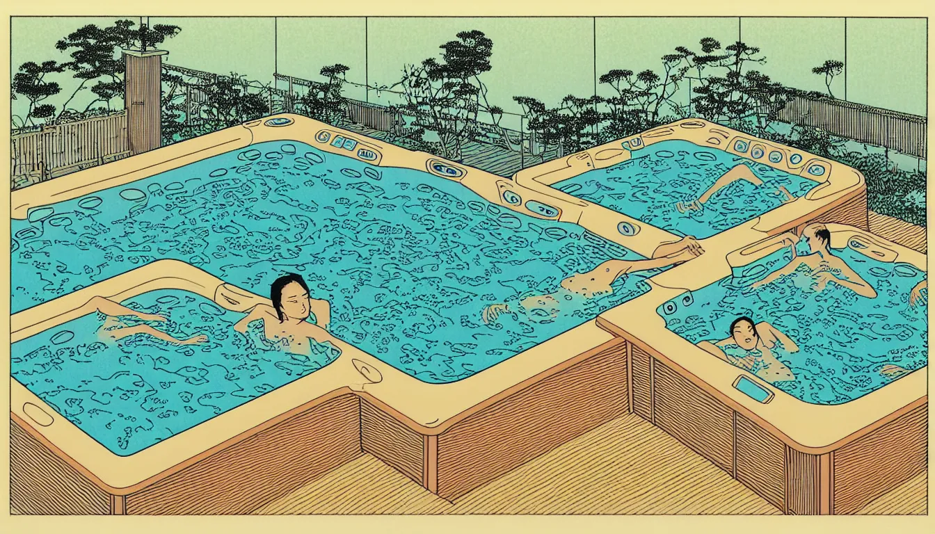 Image similar to hot tub in the backyard by woodblock print, moebius