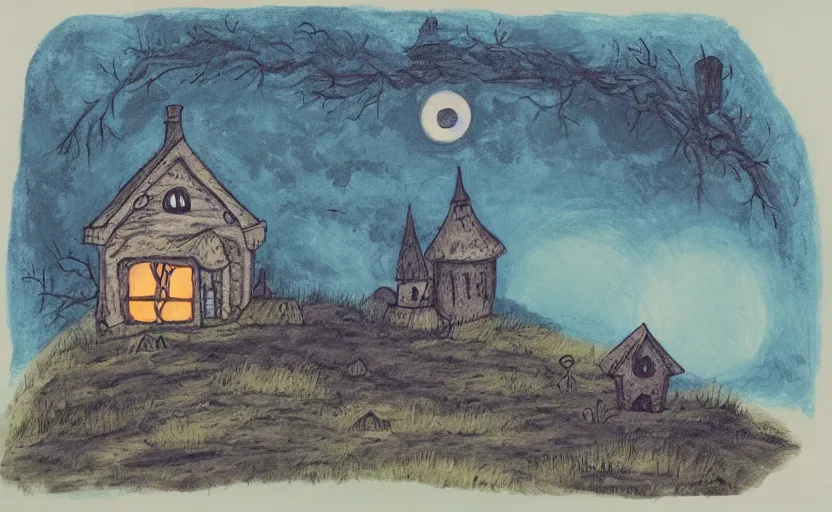 Image similar to a witch's cottage on a lonely hill against a giant moon, color ink on paper