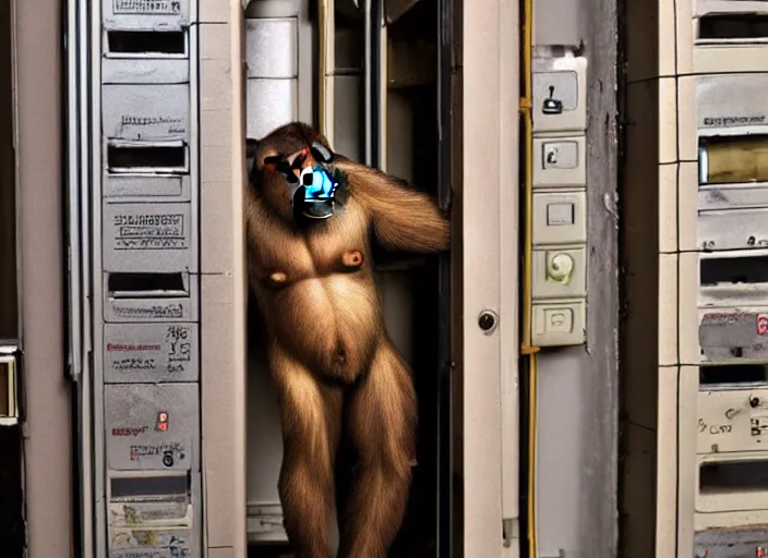 Image similar to human - ape hybrid inside fuse box in post communist apartment building