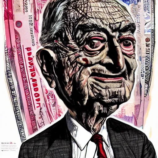 Image similar to George Soros full body shot, dollar bills Body horror, biopunk, by Ralph Steadman, Francis Bacon, Hunter S Thompson