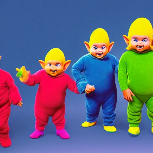 Image similar to Dwarfs dressed as Teletubbies acidwave