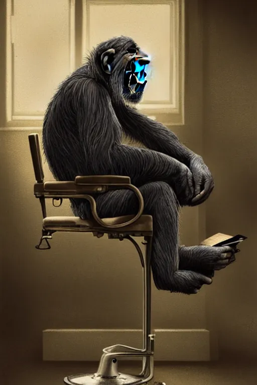 Image similar to portrait of an old chimpanzee dressed as a homeless and seated in the barber shop chair, intricate wrinkles, dystopian sci-fi, evening light, extremely detailed, hands, digital painting, sculpted in zbrush, artstation, concept art, smooth, sharp focus, illustration, chiaroscuro lighting, golden ratio, incredible art by Stanley Artgerm Lau and Greg Rutkowski, composition by Alphonse Mucha and Simon Stalenhag