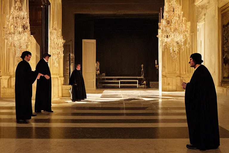 Image similar to a man in black robes interrupts a a dark convention stage podium, under the spotlight by joaquin sorolla, roger deakins, cinematography