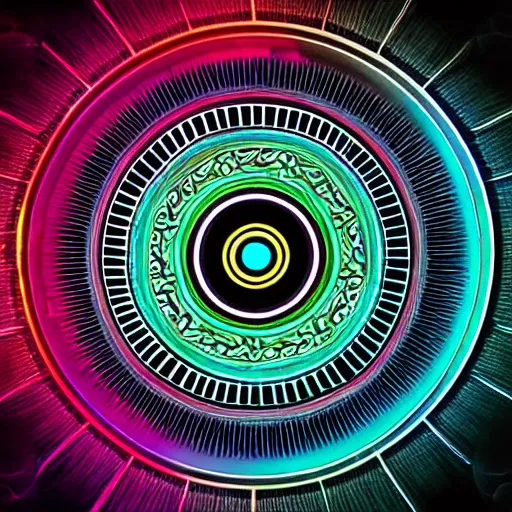 Image similar to cyberpunk neon colored blackhole mandala eye art, galaxy lineart, symetrical mandala art