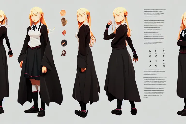 Image similar to character sheet of attractive female student witch, magic school uniform, blonde hair, by greg rutkowski and studio ghibli, digital art, trending on artstation, highly detailed, concept art, beautiful, masterpiece