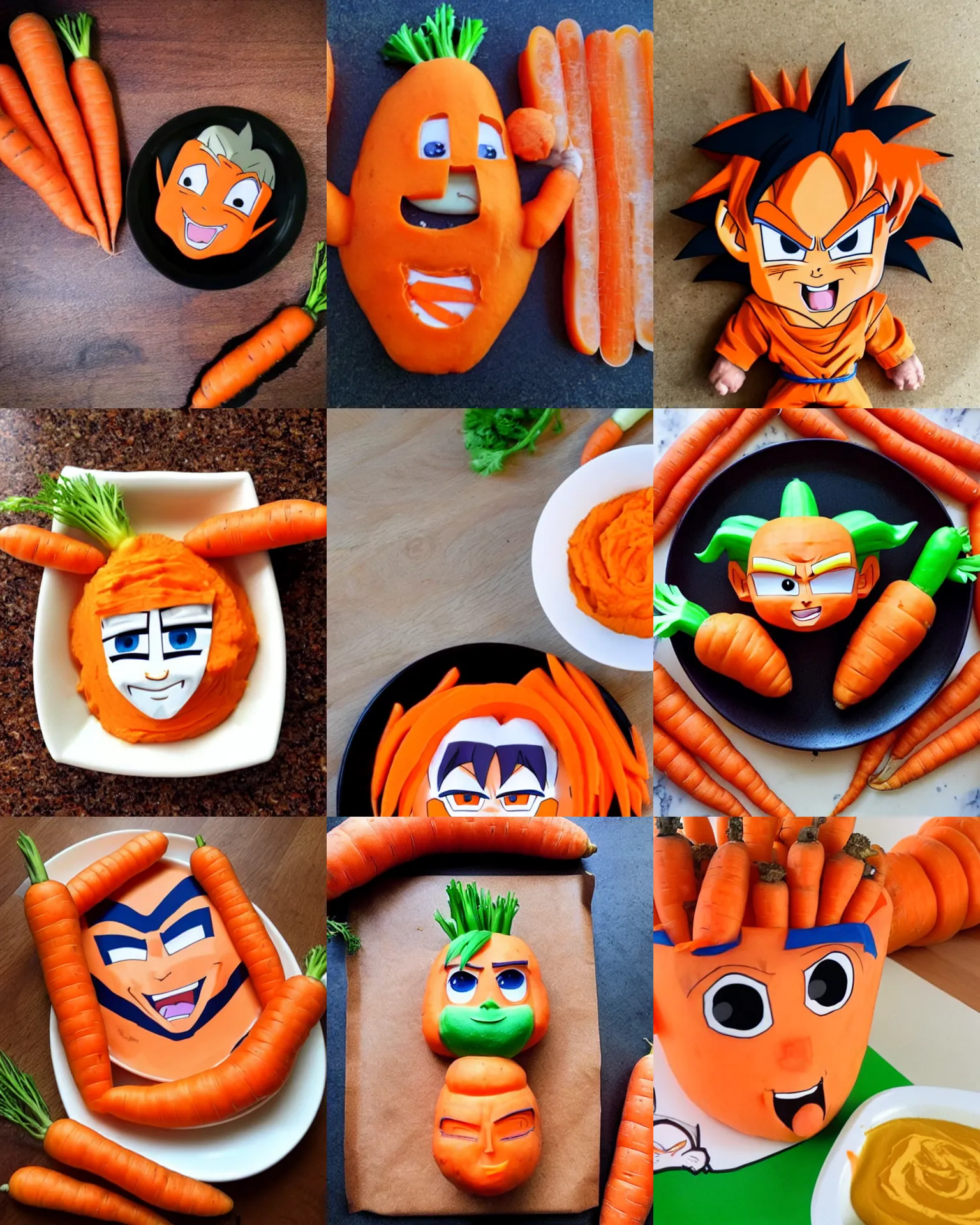 Prompt: a photo of a carrot, carrot vegetable fusion with goku from dragon ball's face on the carrot, dipping carrot in hummus