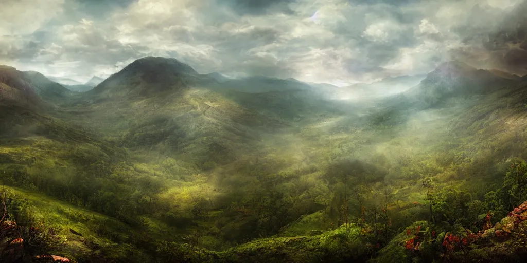 Prompt: appalachian mountain landscape, matte painting by andreas franke