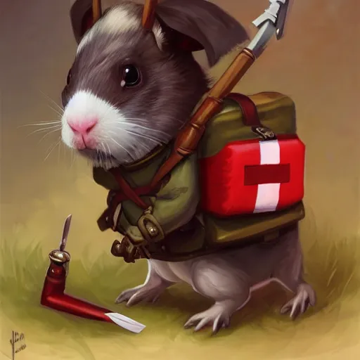 Image similar to cute little anthropomorphic Guinea Pig Field Medic, tiny, small, short, Modern Field medic with red cross, cute and adorable, pretty, beautiful, DnD character art portrait, matte fantasy painting, DeviantArt Artstation, by Jason Felix by Steve Argyle by Tyler Jacobson by Peter Mohrbacher, cinema