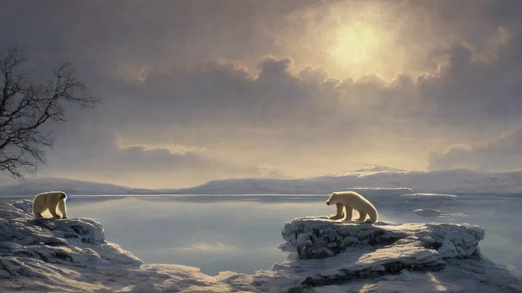 Image similar to the most beautiful panoramic landscape, oil painting, where a giant dreamy lake is frozen, a giant polar bear is exhaling steam while walking over the frozen lake, the frozen lake is reflecting the giant polar bear and the ray lights of the sunrise are brightening him, by greg rutkowski